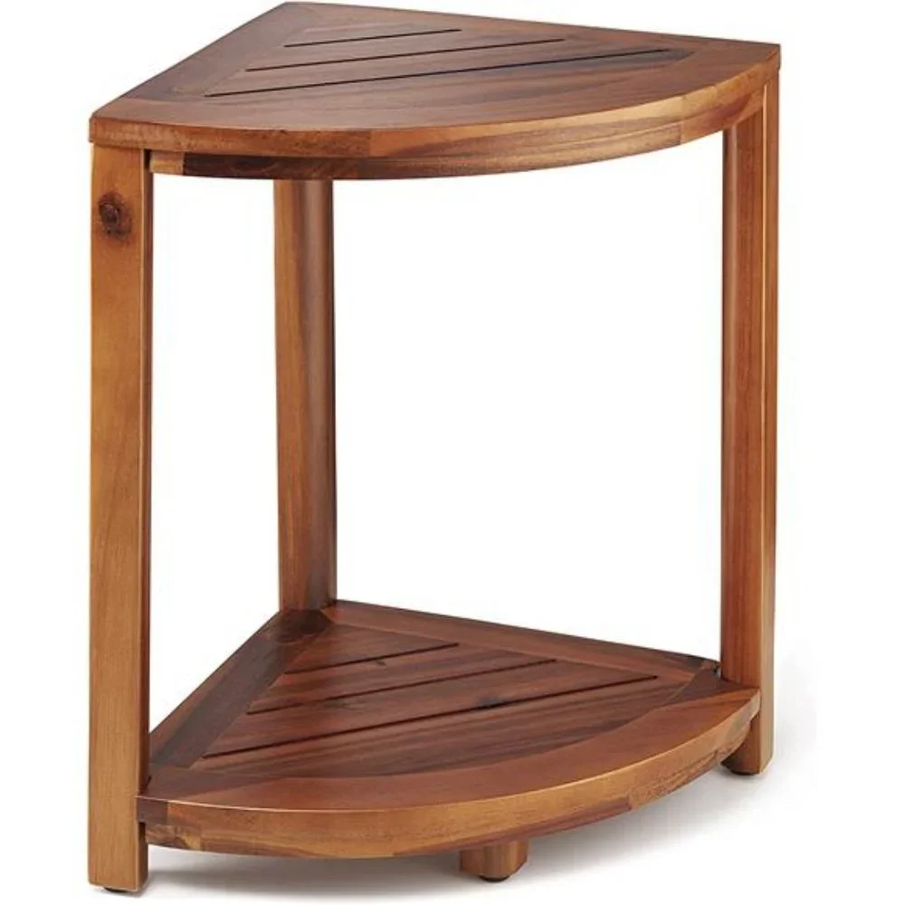 Wood Corner Shower Bench & Corner Shower Stool with Storage Shelf (Acacia)